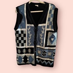 Vintage Novelty Patchwork Knit Vest in Black and Blue